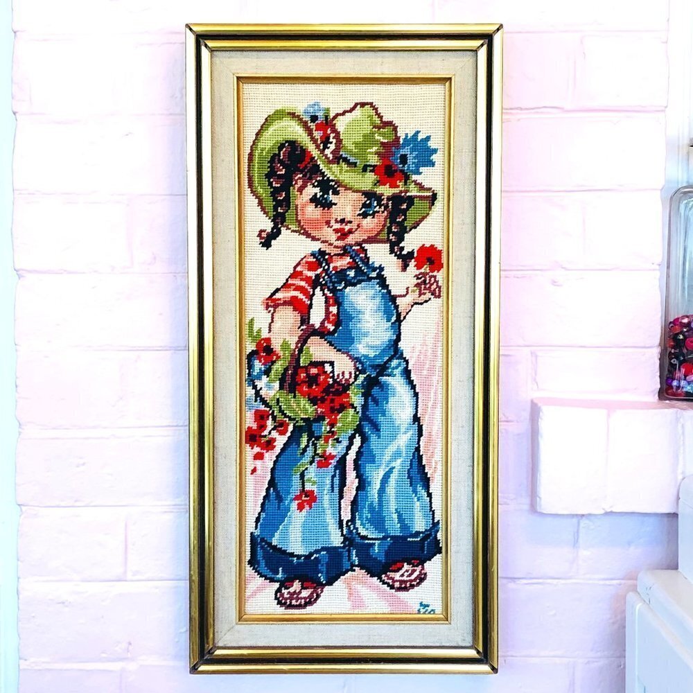 70s Big Eye Prairie Girl Needlepoint Wall Hanging Vintage Cross Stitch Fiber Art